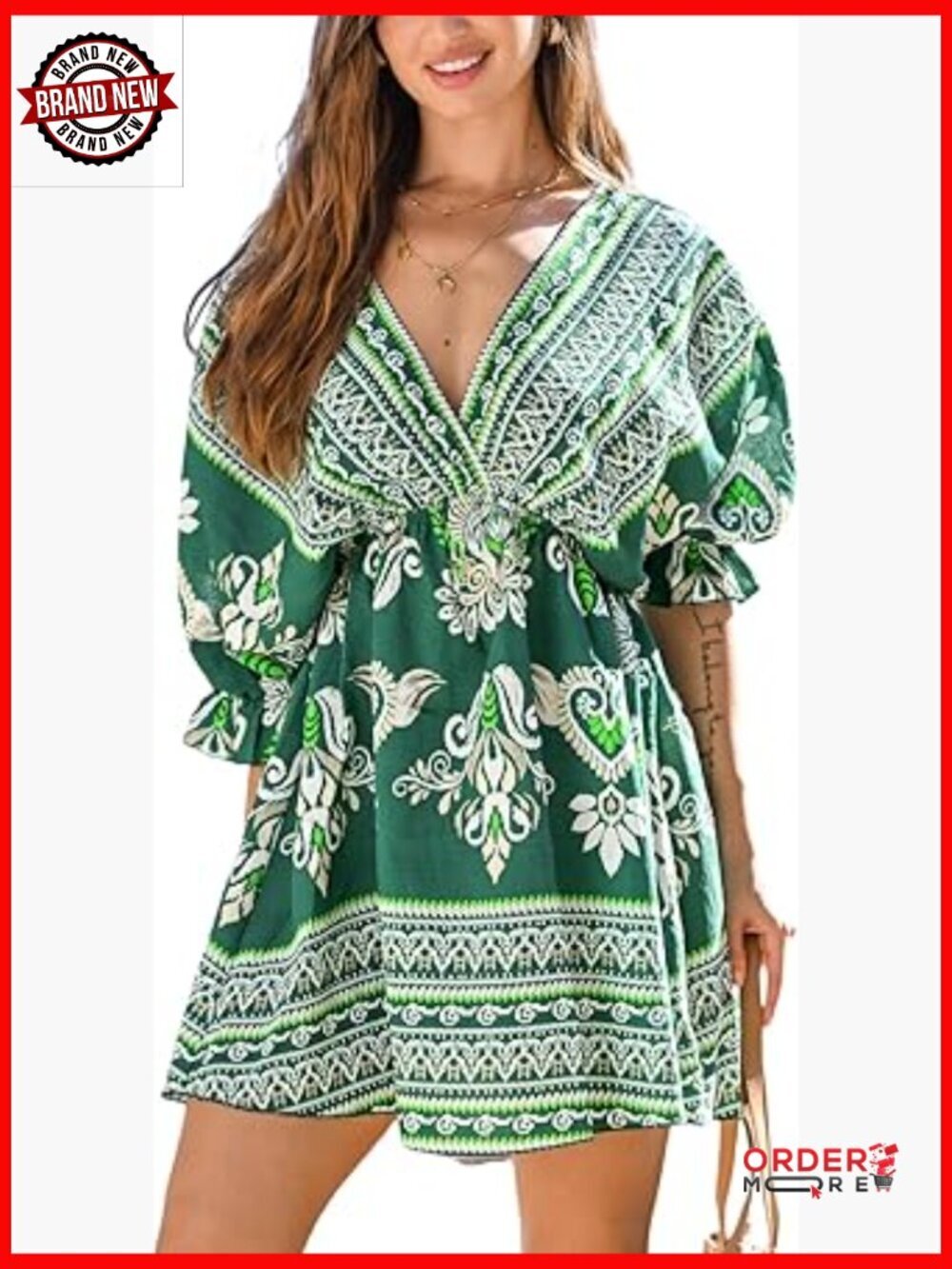 Boho Floral Tie Front Mini Dress 3/4 Sleeves